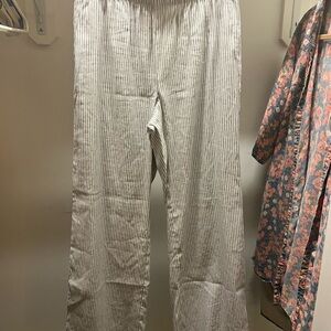 NWT Lands' End Linen Blend Navy Blue and White Striped High Rise Wide Leg Pants